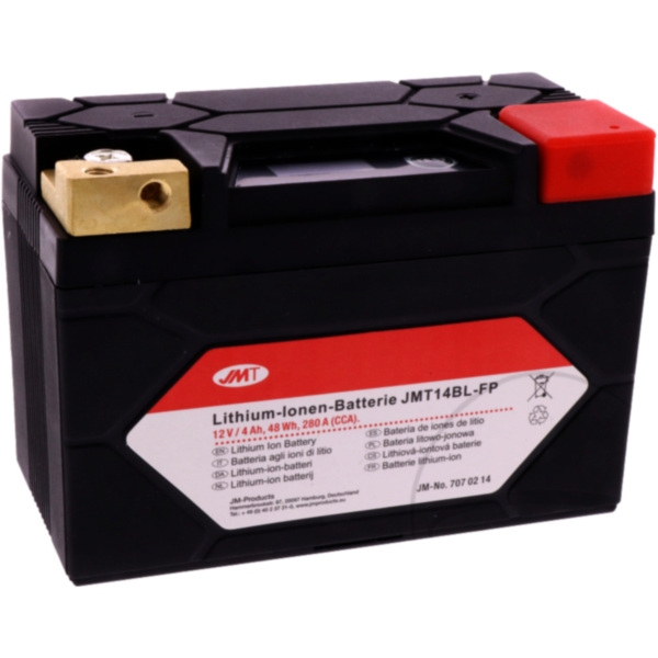 Batterie Motorrad JMT14BL-FP JMT Lithium-Ionen mit Anzeige passend für Kawasaki GPZ  500 EX500D 1998, 60/50/34/27 PS, 44/37/25/20 kw
