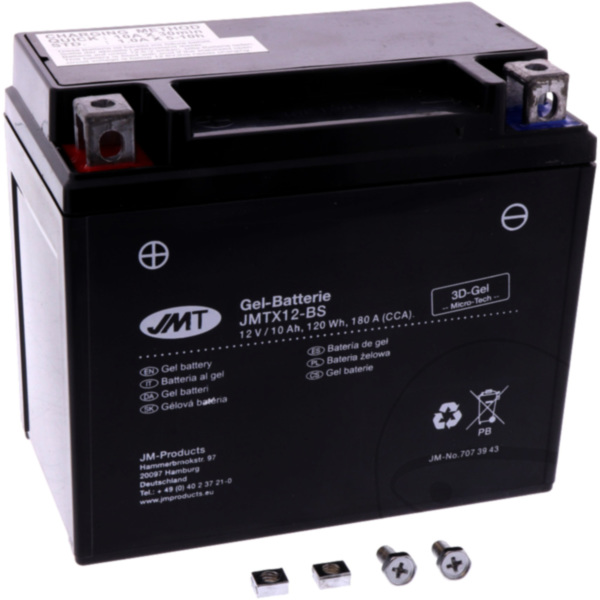 Motorradbatterie YTX12-BS Gel JMT passend für Aprilia Scarabeo  400 VR000 2007, 33,3 PS, 24,5 kw