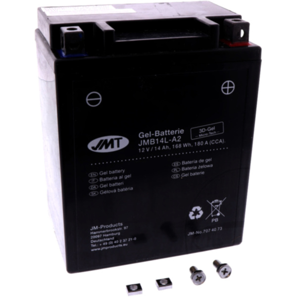 Motorradbatterie YB14L-A2 Gel JMT passend für Kawasaki GPZ  500 EX500D 1998, 60/50/34/27 PS, 44/37/25/20 kw