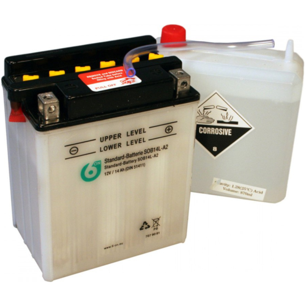Motorradbatterie YB14L-A2 6ON passend für Kawasaki GPZ  500 EX500D 1998, 60/50/34/27 PS, 44/37/25/20 kw