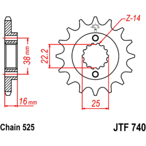 Front sprocket 14tooth pitch 525 JTF74014 fitting for Ducati 916 Senna I Monoposto 916 916S 1996, 109 PS, 80 kw