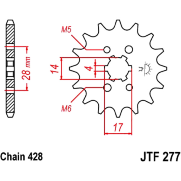 Front sprocket 14 tooth pitch 428 JTF27714 fitting for Derbi Senda DRD 125 DR1A1A 2011, 15 PS, 11 kw