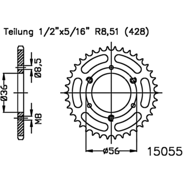 Rear sprocket 35 tooth pitch 428 501505535 fitting for Derbi DFW  50 MA05A0 2007, 3,8 PS, 2,8 kw