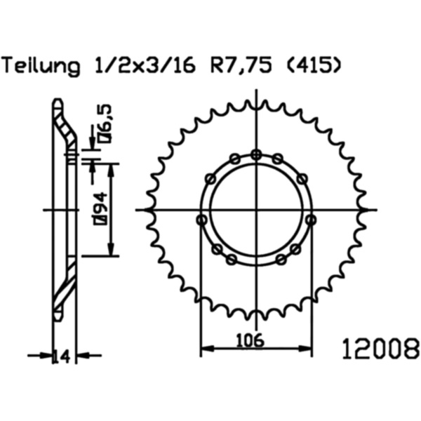 Rear sprocket 44 tooth 415 black fitting for KTM Mini Adventure  50  2005, 2 PS, 1,5 kw