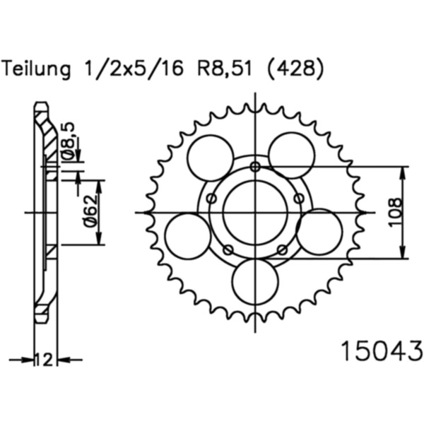 Kettenblatt Kettenrad 51Z Teilung 428 501504351 passend für Sachs XTC Racing 125 675 2000, 15 PS, 11 kw