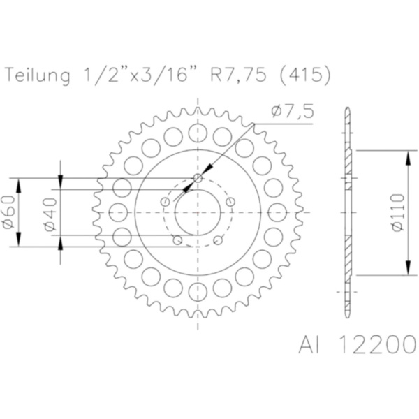 Rear sprocket aluminium 46 tooth pitch 415 silver