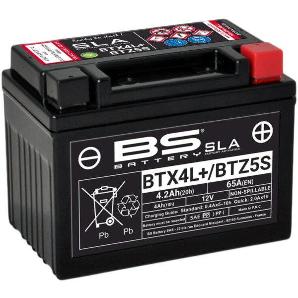 BS BATTERY SLA Wartungsfreie Batterie Werkseitig aktiviert - BTX4L+ / BTZ5S für KTM, Derbi, Aprilia passend für Aprilia SR Ditech Street 50 TE000 2005, 5,4 PS, 4 kw