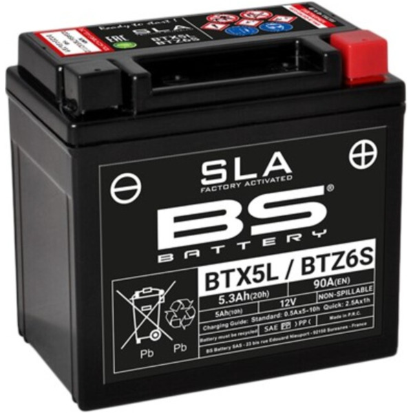 BS BATTERY SLA Wartungsfreie Batterie Werkseitig aktiviert - BTX5L / BTZ6S für KTM, Beta, Honda passend für Aprilia SR Ditech Sport 50 RLD10 2004, 4,5 PS, 3,3 kw