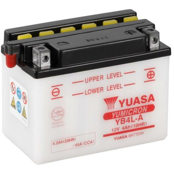 YUASA Konventionelle Batterie ohne Säurepack - YB4L-A für Peugeot, Piaggio, Gilera