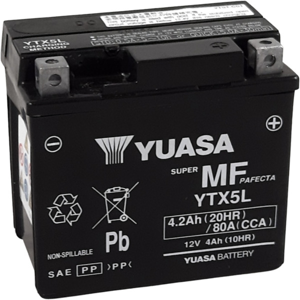 YUASA W/C Battery Maintenance Free Factory Activated - YTX5L FA für KTM, Beta, Honda passend für Aprilia SR Ditech Sport 50 RLD10 2004, 4,5 PS, 3,3 kw