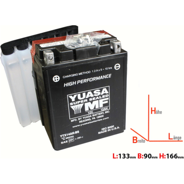 Akku, Motorradbatterie YTX14AH-BS 12AH für: AGM-Batterie B134xT89xH166mm