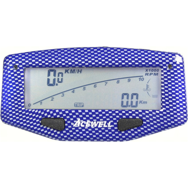 Geschwindigkeitsmesser, Anzeigeeinheit ACE-1600CB Tachometer für Motorräder mit Drehzahlmesser Funktion, Temperatur-, Tankanzeige, LED Schaltwarnung, Carbon optik blau