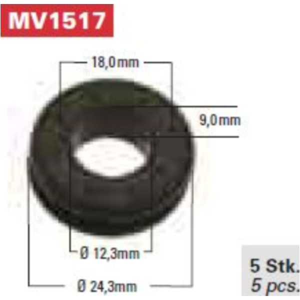 Rubber grommet MV1517, round, diam. 24,3 mm, 9mm thick, 12,3 mm hole (pack of 5)