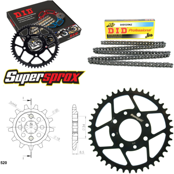 Kettensatz Stahl für: HONDA CA125 Rebel 80 km/h Honda 95-95 13-42-116 DID520NZ Clip passend für Honda CA Rebel 125 JC24 1995, 11 PS, 8,1 kw