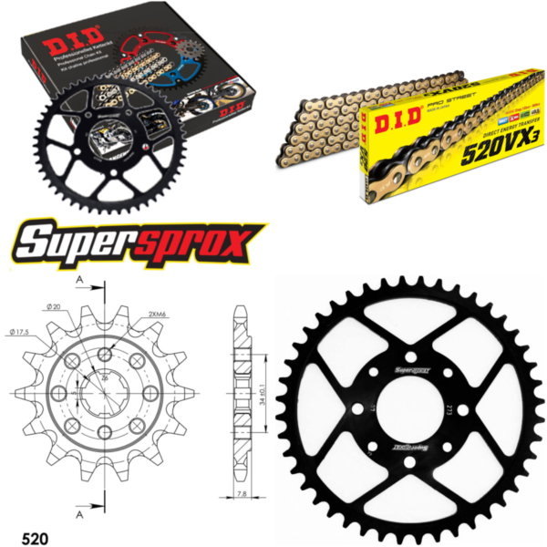 Kettensatz Stahl für: HONDA XL125 V Varadero 01-13 14-44-110 DID520VX3(G&B) Niet