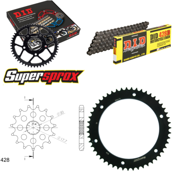 Kettensatz Stahl für: YAMAHA DT125 R 101km/h 90-06 16-51-132 DID428D Clip passend für Yamaha DT  125 4BL 1995, 12 PS, 9 kw