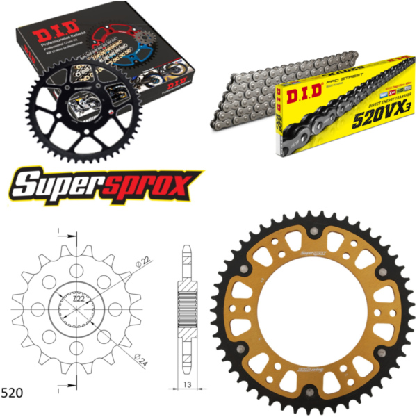 Chain Kit Stealth gold for: APRILIA Moto 6.5 Starck 95-00 16-49-108 DID520VX3 rivet