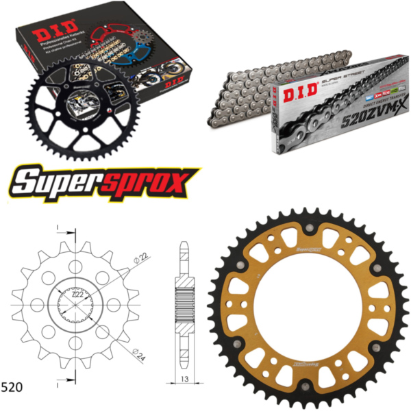 Chain Kit Stealth gold for: APRILIA Moto 6.5 Starck 95-00 16-49-108 DID520ZVM-X rivet