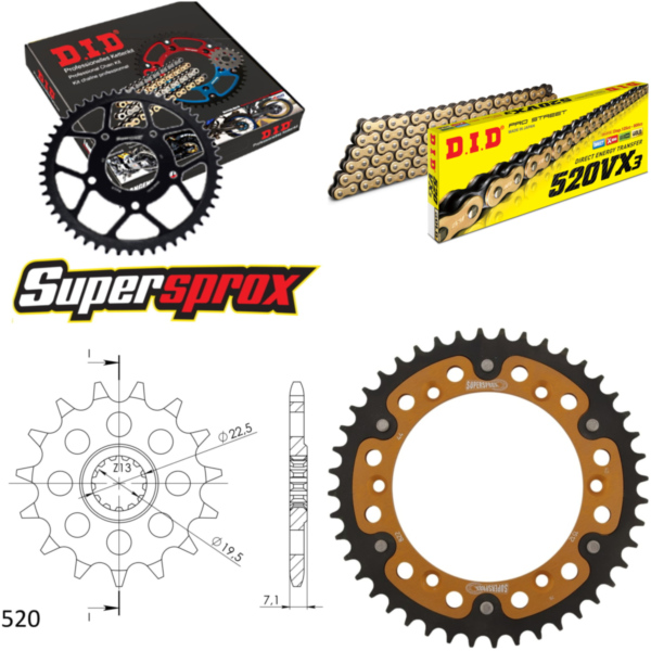 Kettensatz Stealth gold für: SUZUKI DR400 S 80-81 16-44-106 DID520VX3(G&B) Niet