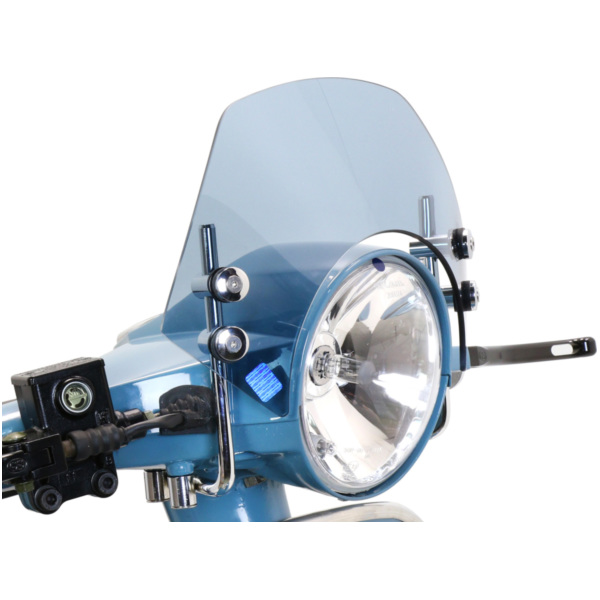 Flyscreen with chromed brackets -MOTO NOSTRA, w=340mm, h=105mm- Vespa PX80, PX125, PX150, PX200, LML 125/150 Star/Stella - smoke