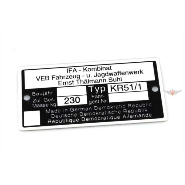 Typenschild Aluminium 73,80mm 37,09mm 0,7mm für Simson Schwalbe KR51/1 MG00083351